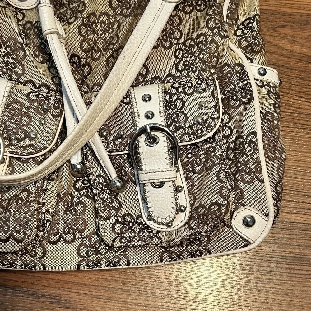Kathy Van Zeeland Gold Metallic‎ Shopper Tan Floral Purse Handbag w/ Keychain